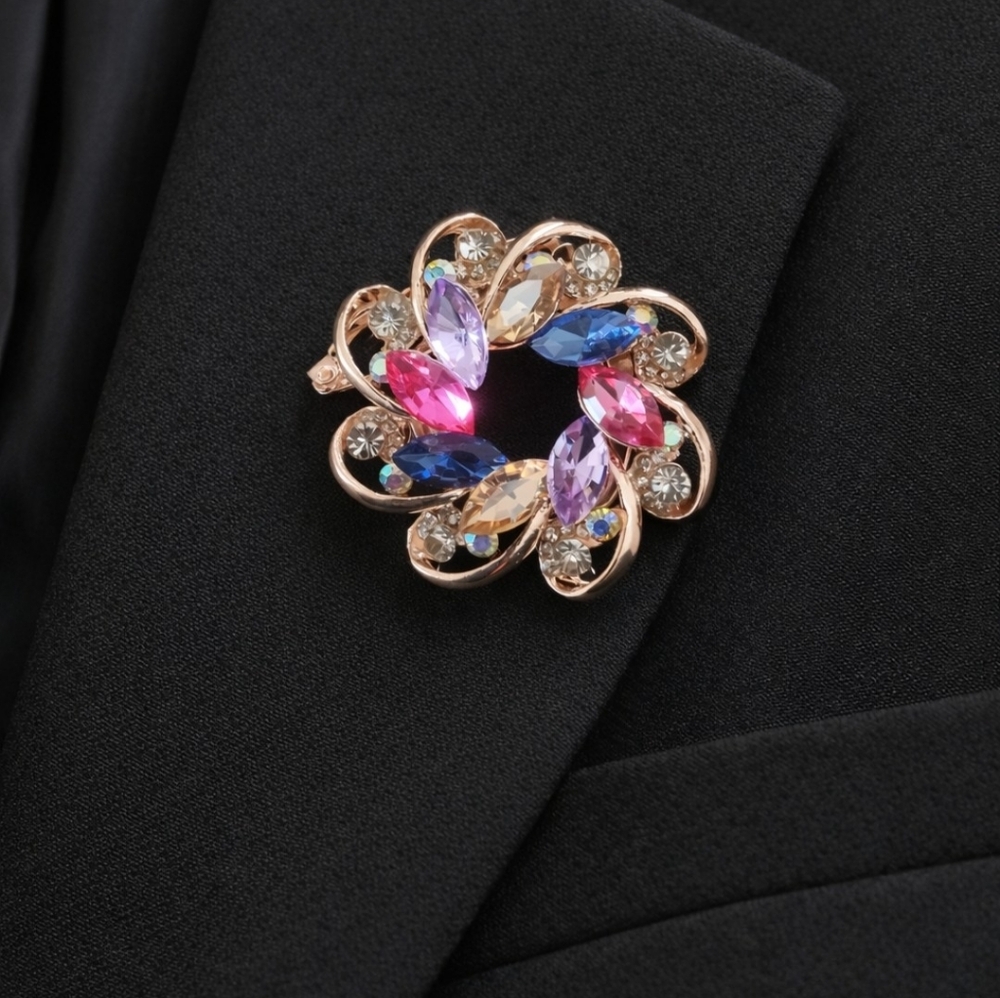 Multicolor Rhinestone Flower Brooch Pin | Rose Gold Tone Statement Accessory